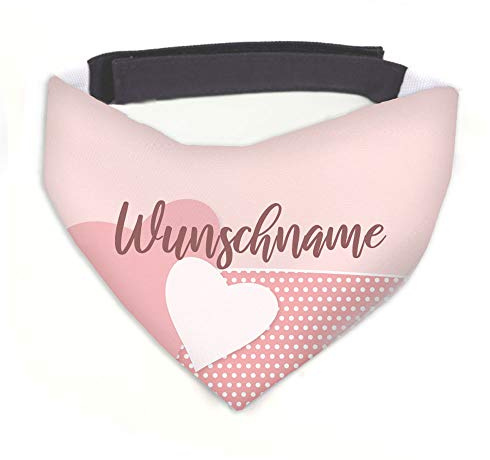 Hundehalstuch Herz rosa / weiß personalisiert inklusive Wunschname mit 12 cm Klettverschluss für kleine, mittlere und große Hunde, Hunde-Halstuch / Dreieckstuch (L = Halsumfang 46-60 cm)
