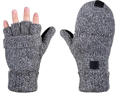 Guantes de invierno cálidos de punto unisex sin dedos térmicos de media dedos,guantes de ciclismo para correr,equitación,convertibles con tapa tipo solapa, para interiores y exteriores, gris,Medium