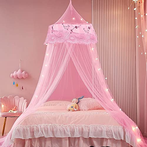 Princess Pink Mosquito Mesh Net Large Dome Hanging Canopy for Girls With Round Lace for Punch-free Installation - Single to Double Bed - Ideal for Bedroom Decorative (Pink)