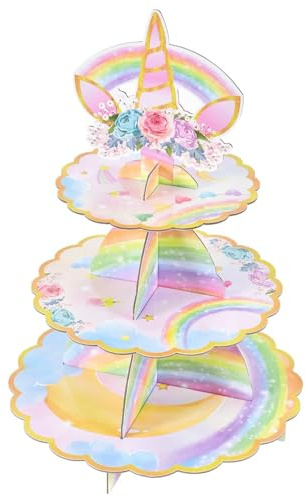 Supporto per cupcake a forma di unicorno, decorazione per feste di compleanno per ragazze e bambini, in cartone a 3 livelli, con corno di unicorno, accessori per feste per baby shower