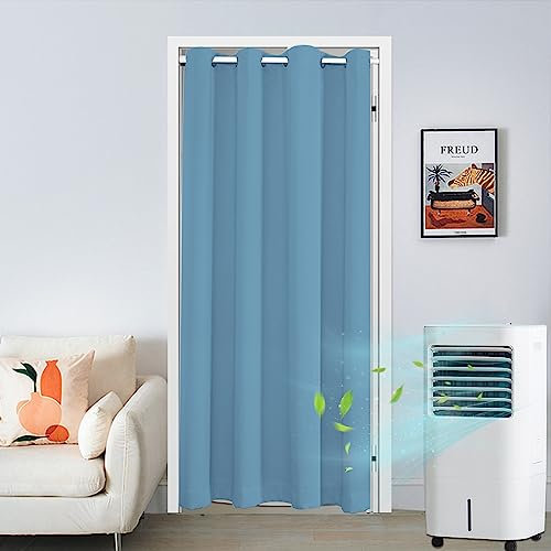 Qelus Door Curtain - Thermal Insulated Blackout Panel 52'' Width x 80'' Drop, Drape With Eyelets for Doorway, Window, Living Room, Bedroom - Blue, 1 Panel
