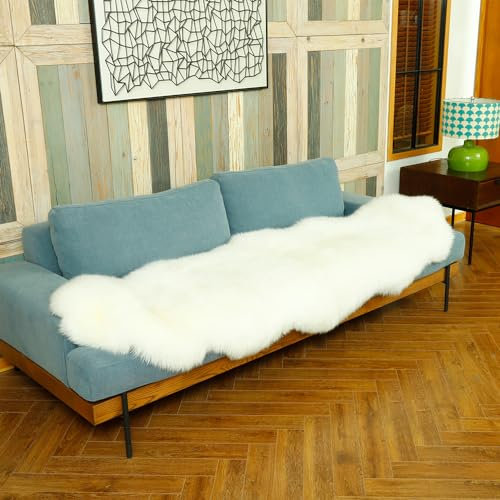 RZLWOOL Genuine Sheepskin Rug New Zealand Luxury Lambskin Rug, Natural Fluffy Sheepskin Throw for Bedroom Living Room Children's Room - Premium Area Rug Chair Cover (2×6 Feet, Cream White)