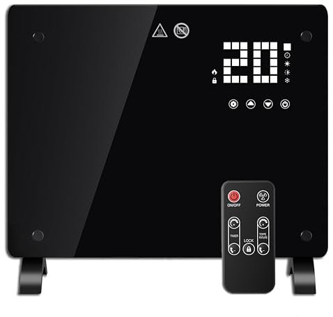 DONYER POWER 1000W Small Convector Heater, Ultra-thin Wall-mounted or Freestanding, Remote Controlled, 24H Timer Black Glass Panel