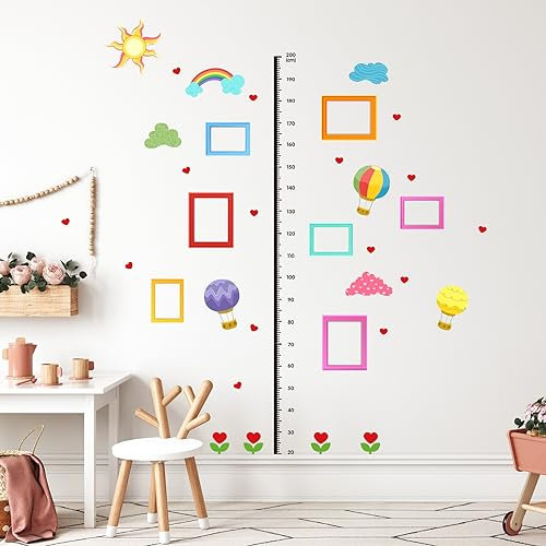 Hava Kolari Regenbogen Kinder Messlatte Höhentabelle, Heißluftballon Höhe Diagramm Wandtattoo Wandaufkleber Baby Wachstum Wandlineal für Mädchen Babyzimmer Kinderzimmer