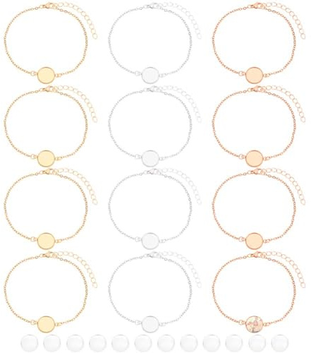 nbeads 12 Stück 3 Farben Armband Lünette Tablett Runde Cabochon Lünette Tablett Blank Armreifen Armbänder Rohlinge Armband Rahmen Einstellungen zum Basteln DIY Schmuckherstellung, Tablett: 12mm
