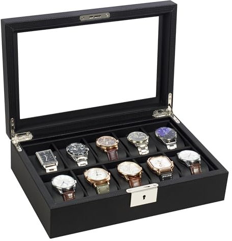 KILHS Uhrenbox mit 10 Fächern, Uhrenkasten mit großem Glasdeckel, abnehmbare Uhrenkissen, Metallschloss mit einem Schlüssel, Geschenkauswahl, schwarz