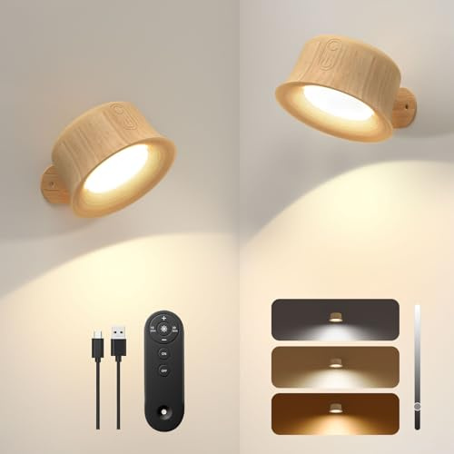 FULEN Wandleuchten,LED-Wandleuchten, 2er-Pack mit wiederaufladbarem 3200-mAh-Akku, 3 Farbmodi, Helligkeit dimmbar, Touch- und Fernbedienung, kabellose Wand-Leselampe für Schlafzimmer am Nachttisch