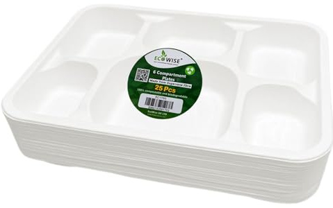 Ecowise | 6 Compartment Bagasse Food Tray - 25 Pcs | Dinner | 100% Biodegradable and Compostable | ECO Friendly | Disposable | Paper | Made from Sugarcane Fibre - By Best House