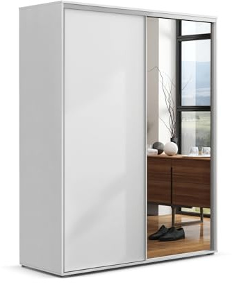 BM-Möbel B&M Furniture Großer Kleiderschrank mit Schiebetür und Spiegel - mit Einlegeböden und Kleiderstange - für Garderobe, Schlafzimmer - Freistehend - Modern - Weiß - 230 cm B, 245 cm H, 62 cm T