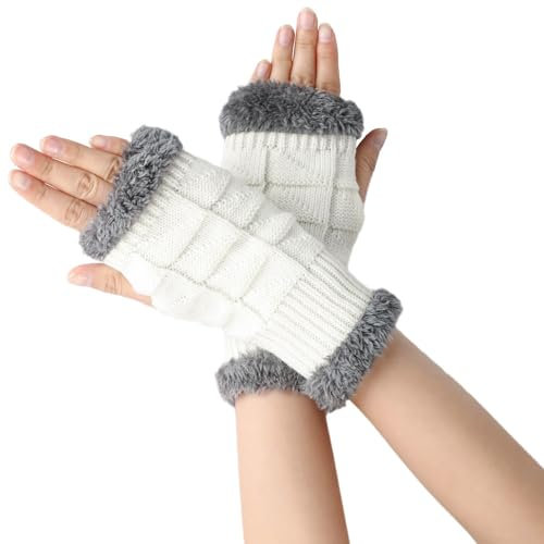 Wambere 1 Paar Fingerlose Handschuhe,Winter Warm Armstulpen Gestrickte Halbe Fingerhandschuhe mit Fleece Futter,Strickhandschuhe Kurzhandschuhe Handstulpen für Damen Und Mädchen,Weiß