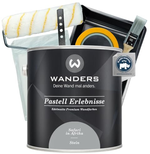 Wanders Pastell Erlebnisse - Pittura murale 2,5 l (pietra, grigio) con set di spalmature Basic – vernice a gesso di alta qualità, facile da applicare, altamente coprente, ultra opaca, perfetta per il