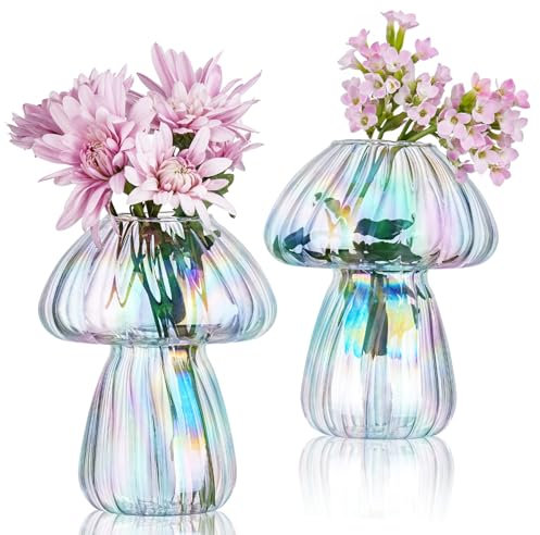 NiHome Schillerndes Glas-Pilzvasen-Set, 2er-Set Mini Vasen für Tischdeko, kleine Vasen für Tisch, Fensterbank und Arbeitsplatte, naturinspiriertes künstlerisches Dekor