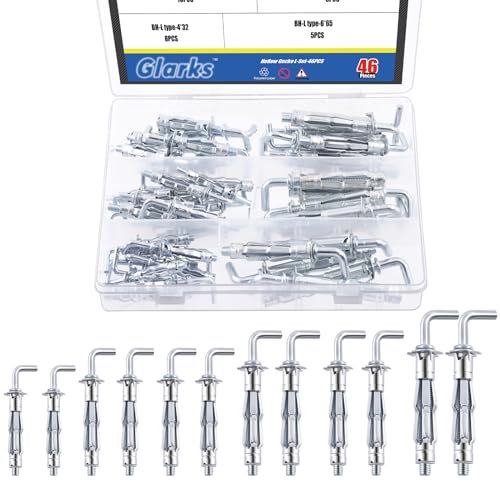 Glarks 46Pcs L-shaped Hollow Wall Anchors Set, 6 Sizes Hollow Door Anchors Expansion Nuts for Hollow Wall Metal Sheet Plastic Sheet