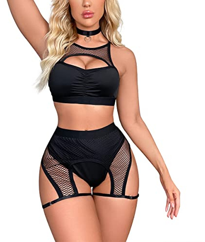 Odizli Damen Sexy Cut Out Transparent Mesh BH Top + High Waist Booty Short + Choker Club Party Rave Outfit