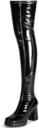 KHPAERMEI Black Go Go Boots for Women Thigh High Boots Platform GoGo Boots Chunky Heels Platform Boots Patent Leather PU Over The Knee High Boots