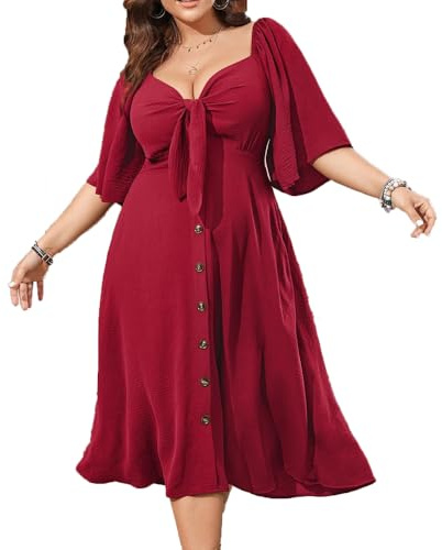 BSLVWG Robe d'été pour femme grande taille 2024 - Décontractée - Manches courtes - Encolure profonde - Cravate élégante - Coupe ample - T-shirt robe, rouge, 5XL grande taille