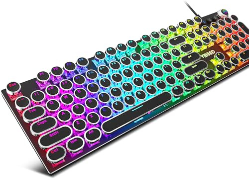Typewriter Gaming Mechanical Keyboard and Mouse Combination, Rainbow RGB Backlit Wired Keyboard with Blue Switches, Round Keycaps, Media Control Knob for