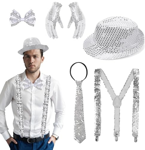 GYHWOFUL Disco Glitzer Kostüm Unisex – 5-teiliges Pailletten Outfit mit Fliege, Krawatte, Hut, Handschuhen & Hosenträgern, 80er Jahre Kostüm für Karneval, Fasching & Silvester
