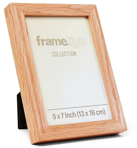 Frametigo - Solid Oak Natural Hardwood Frame, 5x7 (13x18cm) Photo Size - Velvet Frame Backing & Stand - Double Spline Joint - Polished Edge Real Glass - Landscape or Portrait Orientation