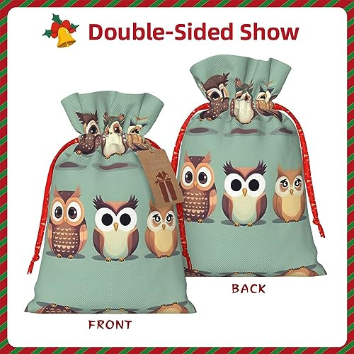 HJLUUFT Jutebeutel mit Cartoon-Eulen, niedlicher Druck, Weihnachtsgeschenktüte mit Kordelzug und Geschenkanhänger, für Hochzeit, Weihnachten, Party