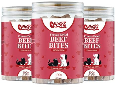 QUINDU'S - Bocados de Carne de Buey Deshidratada para Perros y Gatos (100g x 3) | Snack Natural con Proteínas y Nutrientes | Suplemento Alimenticio para Piel y Pelaje | Dieta Barf | Sabor Buey