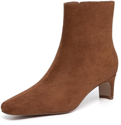 Athlefit Women's Ankle Boots Fashion Low Heel Pointed Square Toe Dress Short Boots with Side Zipper Brown Suede Size 8