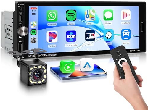 Single Din Car Stereo with Wireless CarPlay/Android Auto/Mirror Link,1 Din 6.9 Inch IPS Touchscreen Car Radio Bluetooth Handsfree FM Type-C USB EQ SWC Reverse Camera