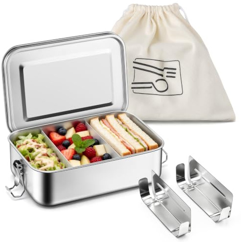 Homikit Edelstahl Brotdose mit 2 Fächern, 850ml Bento Box mit Tasche für Kinder und Erwachsene, Auslaufsichere Lunchbox Brotzeitdose für Schule, Büro and Unterwegs, Spülmaschinenfest