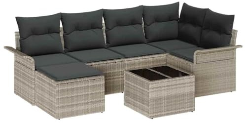 vidaXL 7-teiliges Garten-Sofa-Set mit hellgrauen Kissen, aus Poly-Rattan, modulares Design, handgewebt, wasserfest, Sitzmöbel für Balkon und Terrasse, Lounge-Set