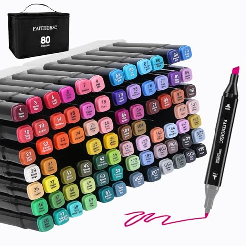 FAITHGHZC 80 Farben Alkohol Marker Set, Dual Tips Quick Drying Permanent Marker Stifte, Filzstifte, für Malerei, Manga, Design und Graffiti, Geschenke, für Familie und Freunde