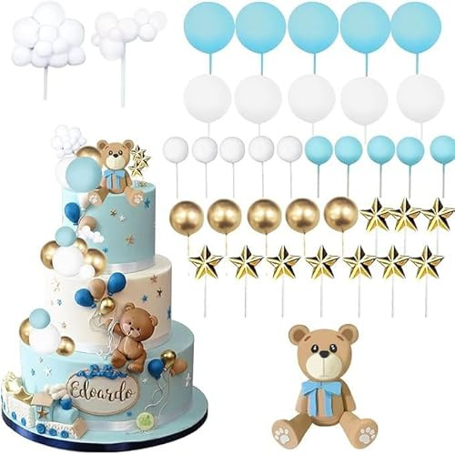 38Pcs Bear Cake Decoration, Baby Shower Cake Topper, Bear Balls Cake Decoration, Boho Bears Cupcake Toppers, Bears Theme Birthday Gender Reveal Baby Shower Party Supplies, Blue