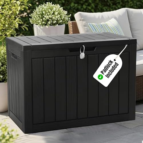 Olsen & Smith Boîte de rangement verrouillable en plastique pour jardin, 170 l, petit meuble de balcon, résistant aux intempéries, effet panneau de bois (noir)