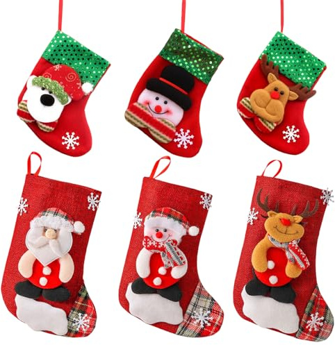 SSKHE 6Pcs Christmas Stocking Bags - 3 Large & 3 Small, for Christmas Fireplace/Tree Decor & Gift Storage, for Family Xmas Holiday Decoration