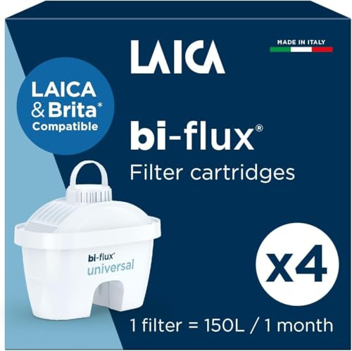 LAICA bi-flux universal 4 Filtri Acqua - Compatibile con LAICA e Brita | Preserva i sali minerali, riduce cloro, calcare e microplastiche, 4 cartucce (4 mesi, 150L ciascuno), Made in Italy