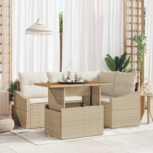 QJBSAVVA Gartenlounge Set Beige Creme 100x55x73 cm Poly Rattan Outdoor Sofa Eckbank mit Stauraum und Akazienholz Gartentisch Modernes Design für Terrasse Balkon klein