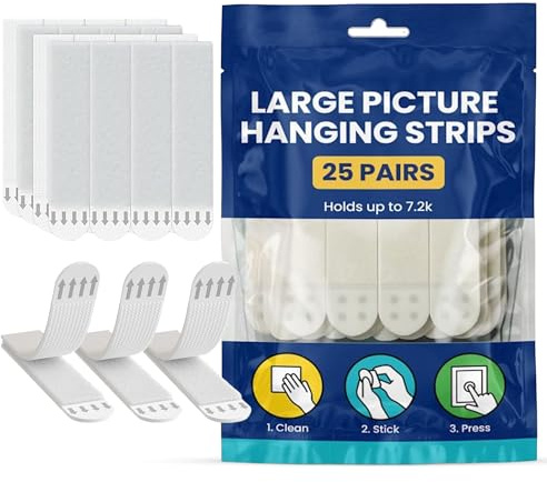 Striyco Essentials Premium Picture Hanging Strips – 25 Pairs Heavy Duty Adhesive Wall Mounts for Frames, Photos & Artwork – Damage-Free, No Nails or Tools Needed – Strong Hold, Easy Removal (White)