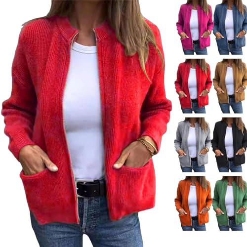 Cárdigan con cremallera para mujer recortado, chaqueta de punto con cremallera y bolsillos, cuello redondo, chaqueta casual para mujer, suéter con cremallera, rosso, 4XL