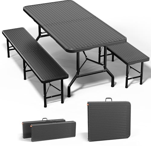 JUMMICO 3 Tavolo Giardino e Sedie da Esterno Set Birreria Pieghevole(Tavolo + 2 Panche) Effetto Rattan HDPE 300kg, Montaggio in 30 Secondi, Salvaspazio per Campeggio Spiaggia Picnic BBQ
