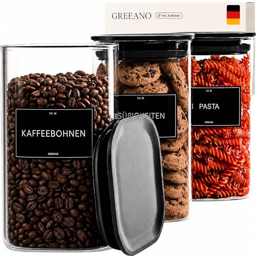 Greeano Vorratsgläser eckig mit Deckel 1300ml [3er Set] | luftdicht & mottensicher | Vorratsdosen Glas | Aufbewahrungsgläser Küche für Lebensmittel, Nudeln, Mehl, Müsli, Reis uvm