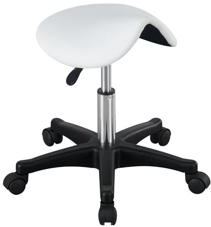 LQVAIPT Sgabello con rotelle a sella Sedia da ufficio con rotelle regolabile in pelle PU Sedia a sella con ruote Sedia da salone, for massaggi, cucina domestica for ufficio(White)