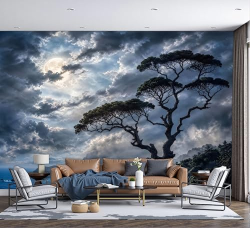 Mural de Pared Paisaje Oscuro Realista, 200x140cm Papel Tapiz Grande Pino Solitario Junto Al Mar Fotomurales Panorámico, Papel Pintado de Seda para Dormitorio, Fondo de TV, Ceniza De Carbón Vegetal