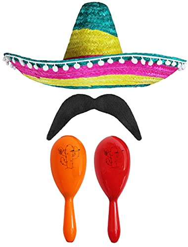 Mexikansk snygg klänning tillbehörsset – Mexikansk SOMBRERO med maracas och smink – perfekt för musikanska finsmaksmakare utklädningskostymer (flerfärgad POM SOMBRERO + orange och röda maracas)
