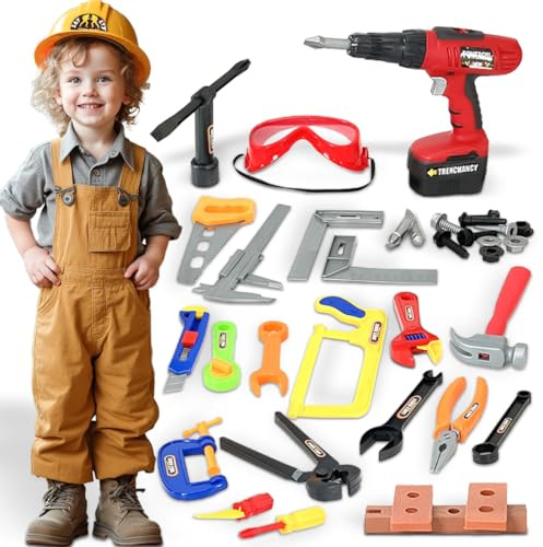 koolbitz 37PCS Kids Tool Set with Helmet, Electric Drill, Goggles and 32 Accessories - Construction Pretend Play Builder Kit, Educational DIY Toy Workshop Set for Boys and Girls Ages 3+ Years