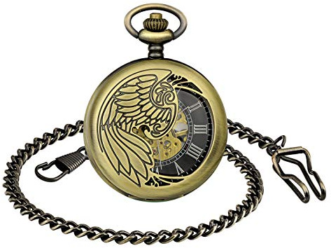 Unendlich U Mechanische Taschenuhr für Herren, mit Adlerflügeln, Zifferblatt mit römischen Zahlen, hohles Uhrwerk, Vintage-Taschenuhr, aus legiertem Edelstahl, Geschenk zu Weihnachten oder Geburtstag