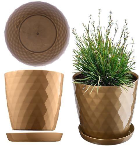 KADAX Blumentopf, EIN Topf für Blumen und Pflanzen mit Untersetzer, Pflanzkübel leichtes und beständiges Material EIN dekorativer Topf für Pflanzen (Gold,16cm)