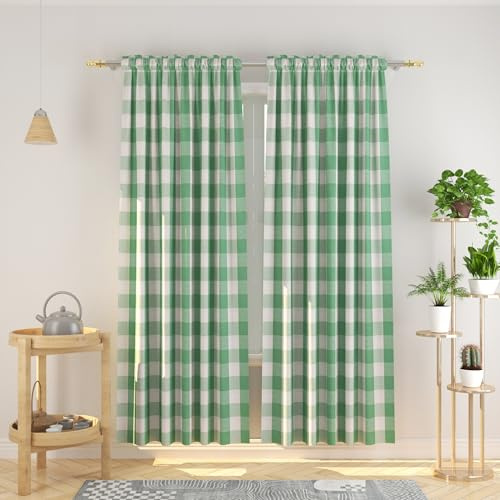 NATUS WEAVER Buffalo, karierte Baumwollvorhänge, 213,4 cm lang, Küche, Wohnzimmer, Schlafzimmer, Grün und Weiß, Vichy-Karo, Fenstervorhänge, Kellervorhänge, 2 Paneele, Stangentasche, Fensterbehandlung