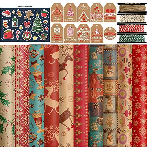 FullJoyHut Set med julklappspapper med 10 ark kraftpapper, julförpackning, mönster med renar och snöflingor, 10 etiketter, 4 rullar med snöre, för gåvor, presenter, julklappar