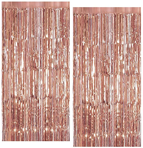 2 Stück Glitzer Vorhang Deko, Metallische Lametta Vorhänge Rosegold Folien Fransenvorhang Lametta Vorhang Schimmer für Hochzeit, Verlobung, Geburtstag, Bachelorette, Party, Bühnendekoration (1X2M)