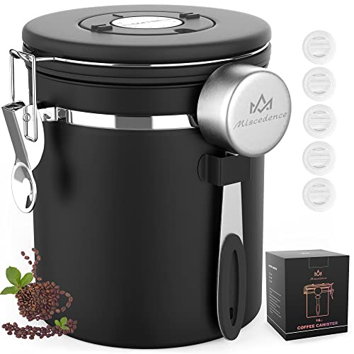 Miscedence Coffee canister for ground coffee with Scoop Date Tracker One Way Co2 Valve 304 Stainless Steel Kitchen Food Airtight storage container for Coffee Beans,Grounds,Tea,Sugar (Black, 16oz)