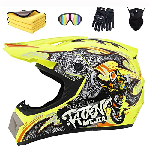 Ruiqieor Casque Moto Casque Cycliste Pour Enfants,Garçon Et Fille Scooter De Ski VTT Casque,Convient Pour Toutes Les Saisons Lunettes Avec Gants (grayish yellow,S(52-56cm))